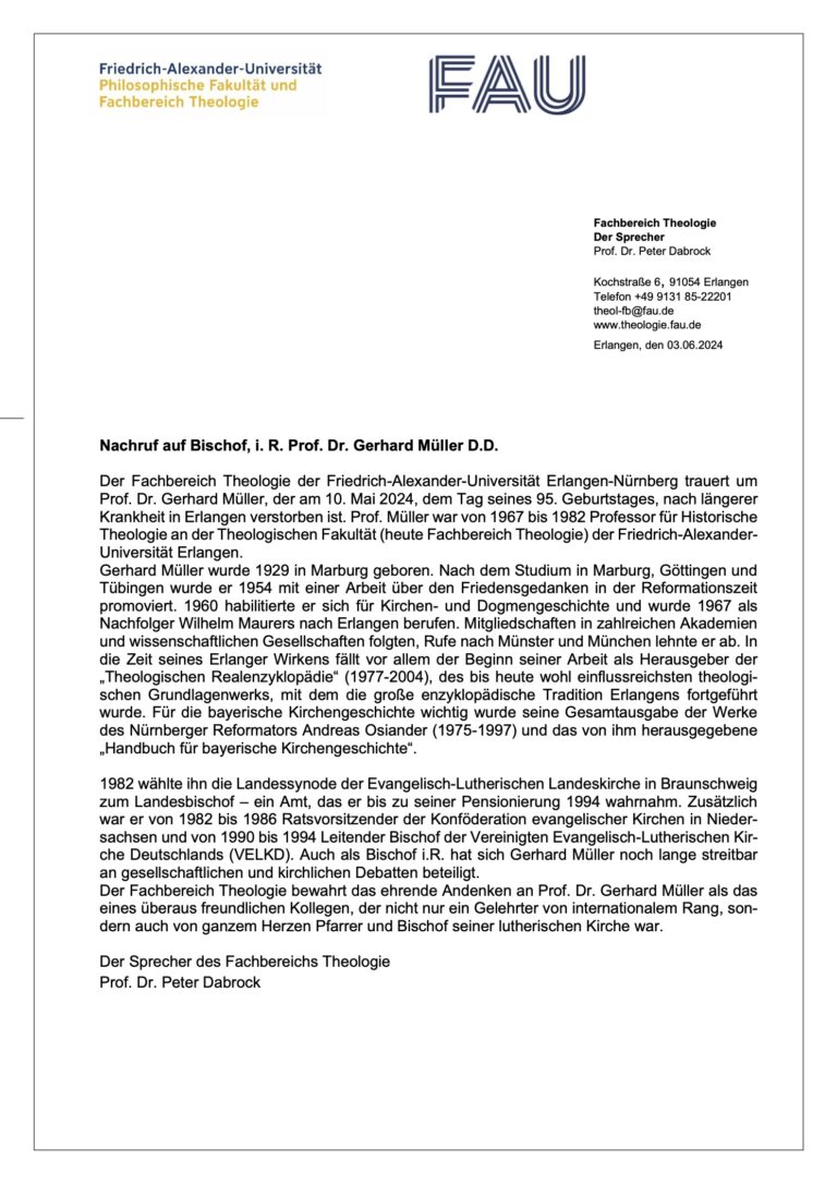 Der Fachbereich trauert um Prof. Dr. Gerhard Müller