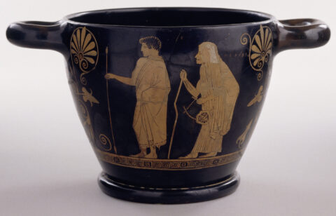 Red-figure skyphos, Pistoxenos Painter, ca. 480 BCE, Geropso takes Heracles to school, Staatliches Museum KG 708, Schwerin. © bpk | Staatliche Schlösser, Gärten und Kunstsammlungen Mecklenburg-Vorpommern | Gabriele Bröcker