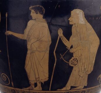 Keramik (um 480 v. Chr.) von , Pistoxenos-Maler , Höhe 14,9 cm, Durchmesser 18,2 cm , Seite (B) Herakles wird zur Schule gebracht (Herakles und sein Diener Geropso) , Inventar-Nr.: KG 708 , Herstellungsort: Attika , Person: Herakles (Herkules), Gestalt aus der griechischen Mythologie, Sohn des Zeus und der Alkmene , Systematik: , Personen / Antike / Mythologie / Herakles, Artist: Pistoxenos-Maler Verwertung des Bildmaterials nur in Originalfassung gestattet! Bearbeitungen und Umgestaltungen (z.B. Montage, fototechnische Verfremdung, Kolorierung) nur nach Rücksprache!, Copyright: bpk | Staatliche Schlösser, Gärten und Kunstsammlungen Mecklenburg-Vorpommern | Gabriele Bröcker